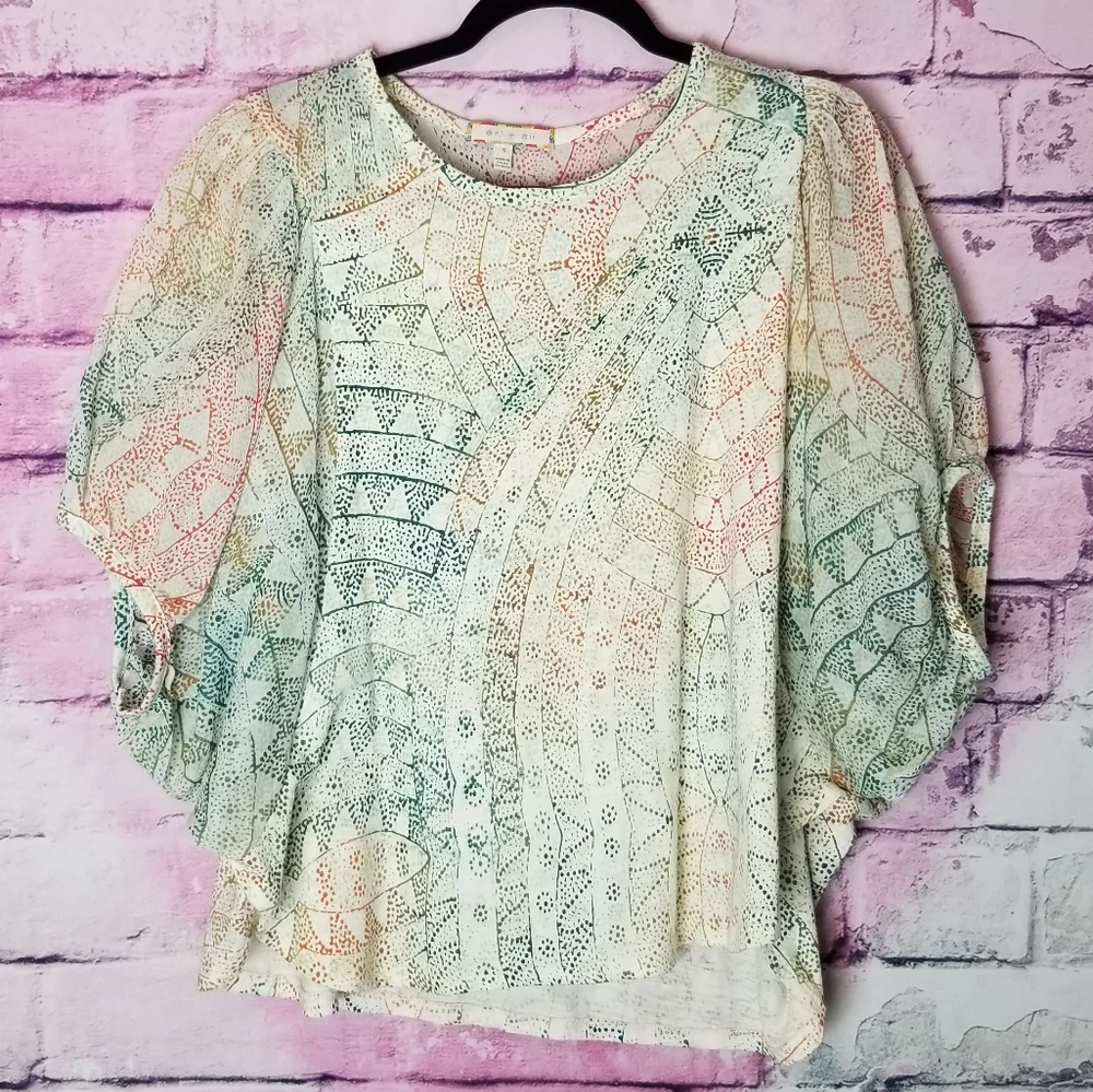 ANTHROPOLOGIE ERI + ALI ABSTRACT DOT PRINT BALLOON BAT WING PUFF SLEEVE BLOUSE S